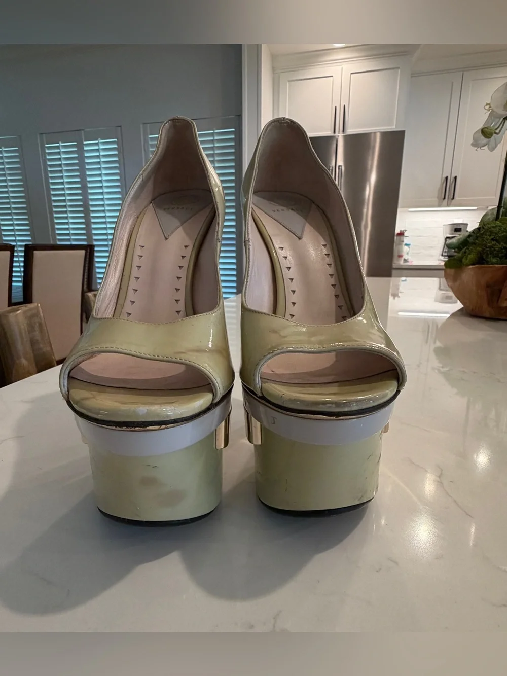 Versace Triple Platform Patent and Leather Pumps, pale green & gold